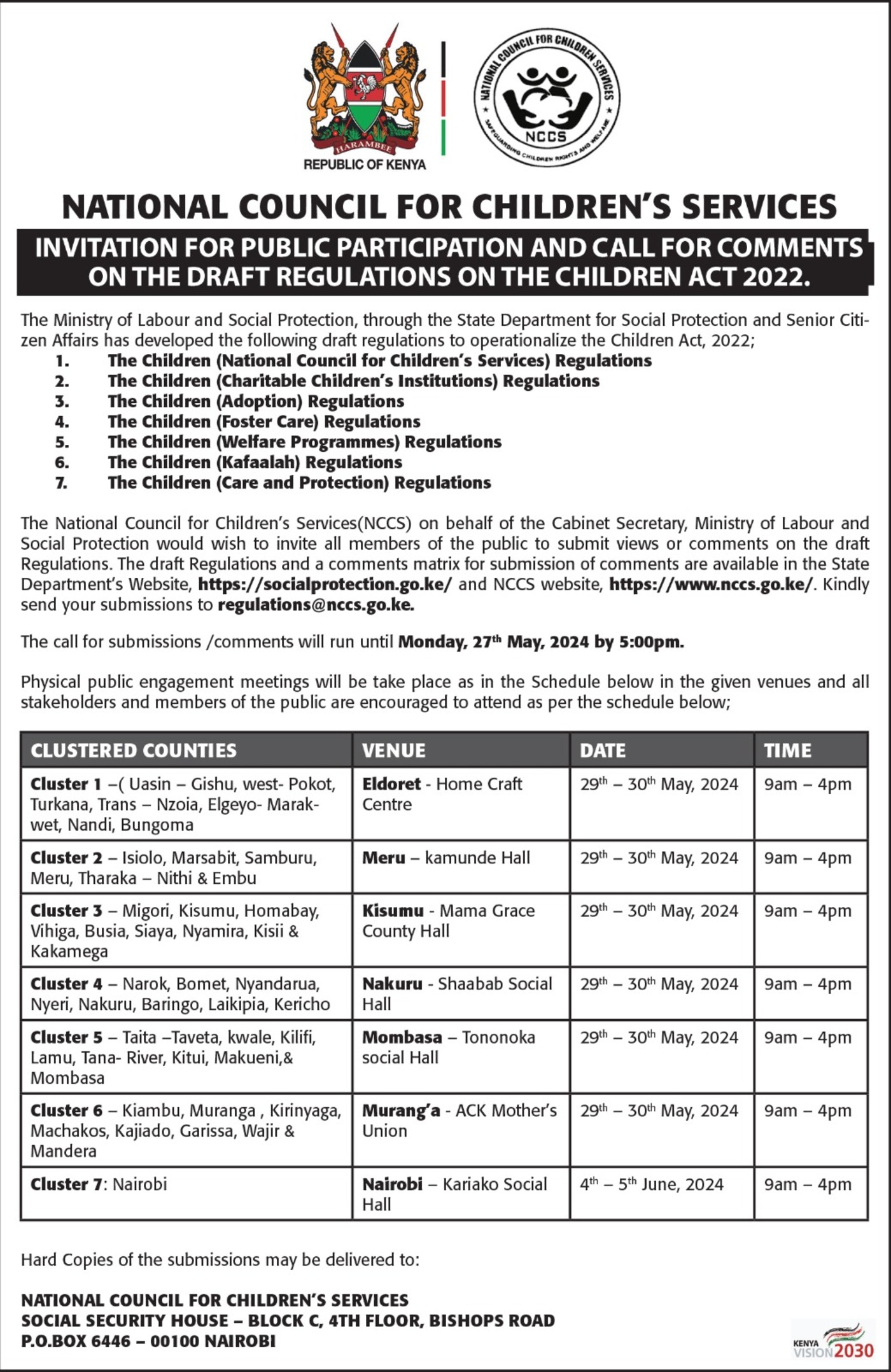 Schedule for the Public Participation Forums
